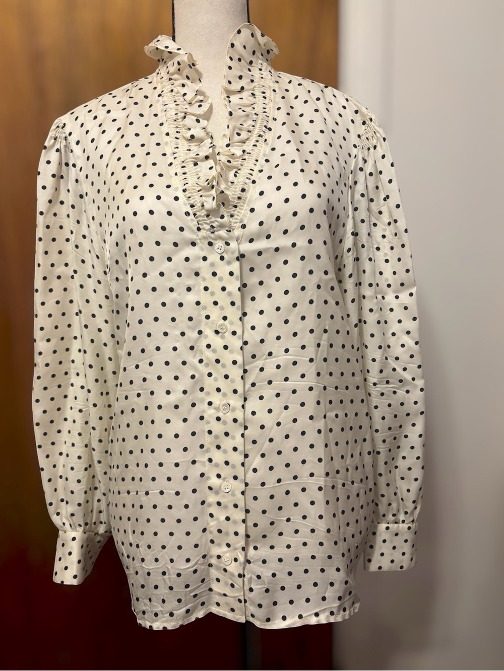 Sandro Cream Polka Dot Ruffle-Trim Button-Down Blouse